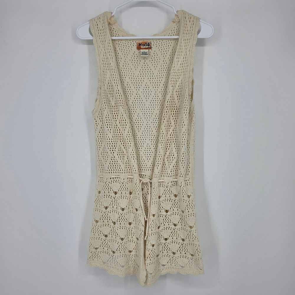Mudd Crochet Knit Vest Large Cream Boho Hippie Festival Tie Front Pointelle y2k